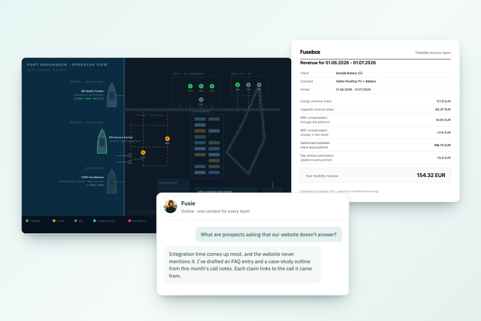 Three things Fusebox built: a port operator view, a client revenue report and Fusie answering a question